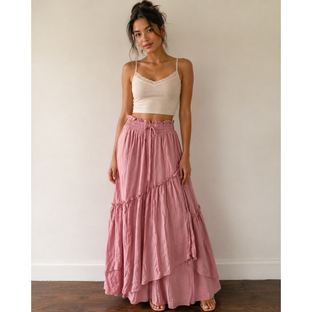 SCARLET DARKNESS Tiered Maxi Skirt Victorian Steampunk Women L Pink Boho Ruffle